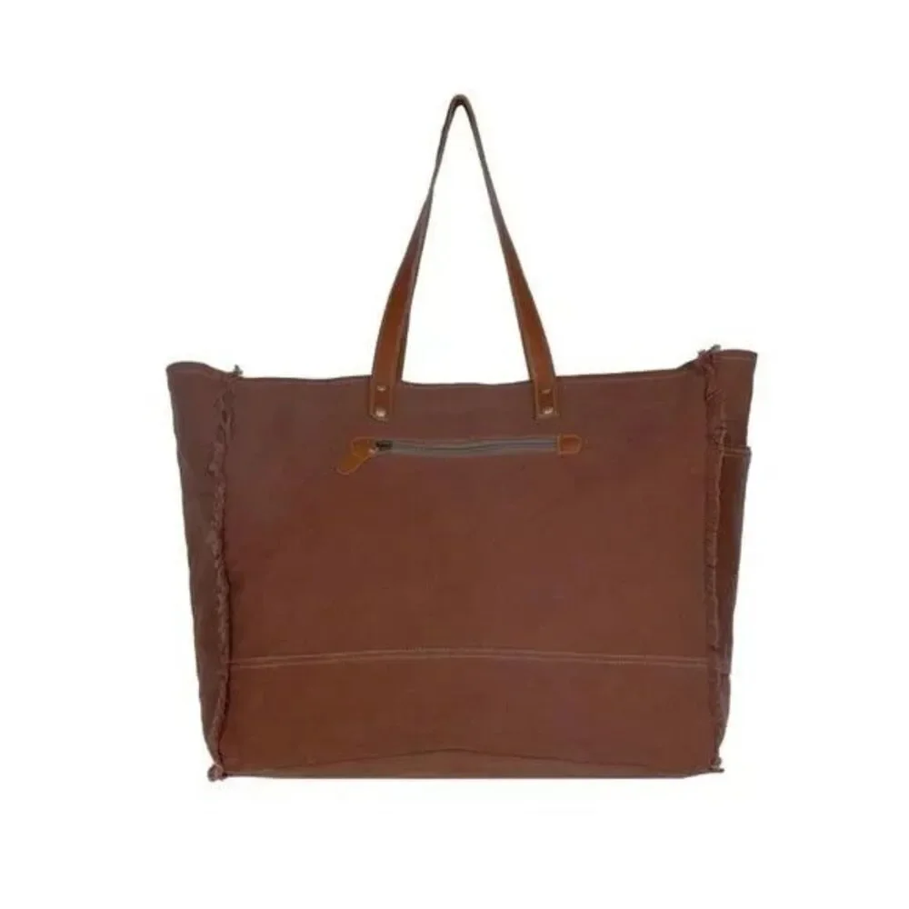 Myra Bag Handmade Dayspring Weekender Bag Upcycled Canvas & Cowhide Leather
